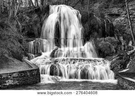 Long Exposure Of Waterfall Lucky, Slovakia. Black And White Photography