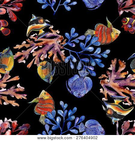 Watercolor Aquatic Underwater Colorful Tropical Fish Illustration Set. Seamless Background Pattern.