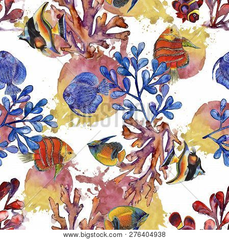 Watercolor Aquatic Underwater Colorful Tropical Fish Illustration Set. Seamless Background Pattern.