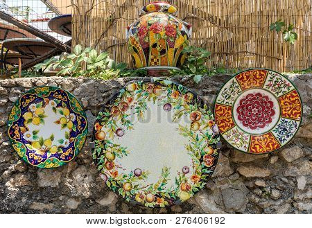 Ravello, Italy - June 16, 2017: Artistic Ceramic Products For Sale In Ravello. A Small Charming Town