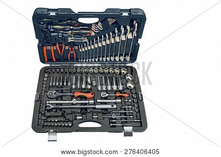 Set Of Chrome Heads And Holders In A Red Box Isolated On White Background