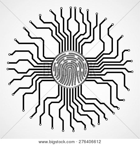 Abstract Sign Fingerprint With Circuit Board By Circumference. Technology Concept