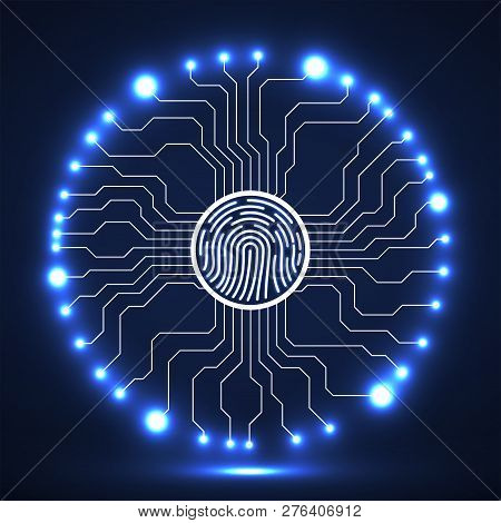 Abstract Neon Sign Fingerprint With Circuit Board By Circumference. Technology Concept