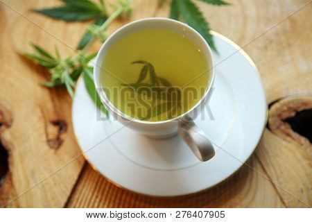 Marijuana Tea. Hemp Tea. Cannabis Tea in a White Tea Cup with a Marijuana Leaf and Stem with Flowers and Leaves on a Wooden Tree Stump serving tray. Room for text. 
