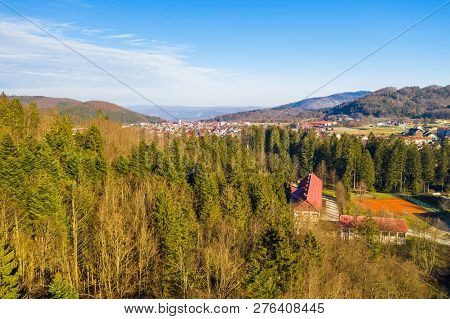 Croatia, Delnice, Gorski Kotar, Panoramic View Of Town Center From Drone In Winter, Mountain Landsca