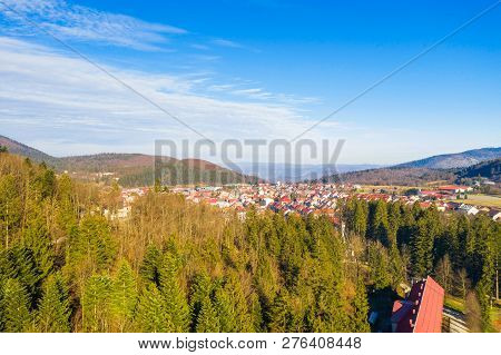 Croatia, Delnice, Gorski Kotar, Panoramic View Of Town Center From Drone In Winter, Mountain Landsca