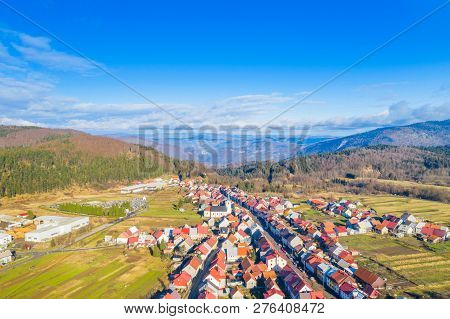 Croatia, Delnice, Gorski Kotar, Panoramic View Of Town Center From Drone In Winter, Mountain Landsca