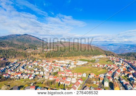 Croatia, Delnice, Gorski Kotar, Panoramic View Of Town Center From Drone In Winter, Mountain Landsca