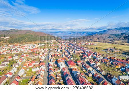 Croatia, Delnice, Gorski Kotar, Panoramic View Of Town Center From Drone In Winter, Mountain Landsca