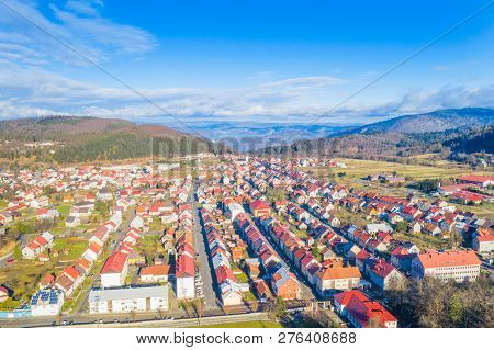 Croatia, Delnice, Gorski Kotar, Panoramic View Of Town Center From Drone In Winter, Mountain Landsca