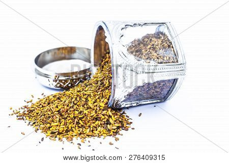 Close Up Of White Or Sliver Colored Shiny Container Used To Store Mukhwas  Or Mouth Freshing Snack I