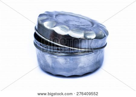 Close Up Of Small Steel Container Or Lunch Box Isolated On White.