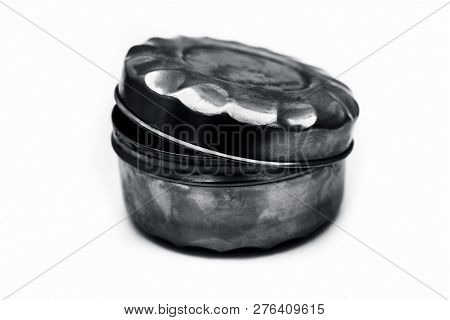 Close Up Of Small Steel Container Or Lunch Box Isolated On White.