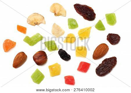 Candied Fruits Mix With Raisins, Almonds, Hazelnut. Muesli. Healthy Food. Fitness Food. Top View