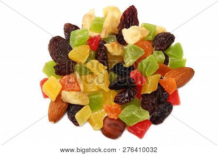 Candied Fruits Mix With Raisins, Almonds, Hazelnut. Muesli. Healthy Food. Fitness Food. Top View