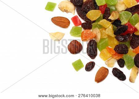 Candied Fruits Mix With Raisins, Almonds, Hazelnut. Muesli. Healthy Food. Fitness Food. Top View