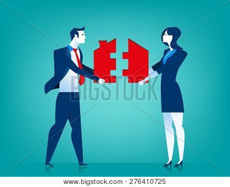 Businessman And Woman Couple With House Jigsaw