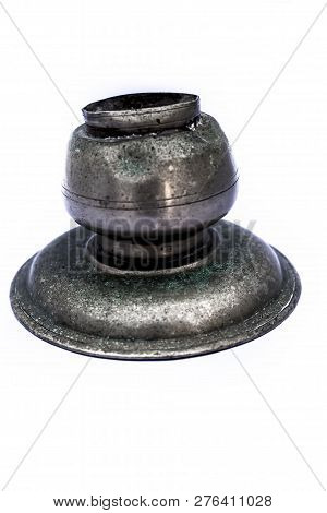 Close Up Of Old Ancient Vessel Or Utensil Or Container Or Isolated On White I.e. Chilamchi Or Chelam