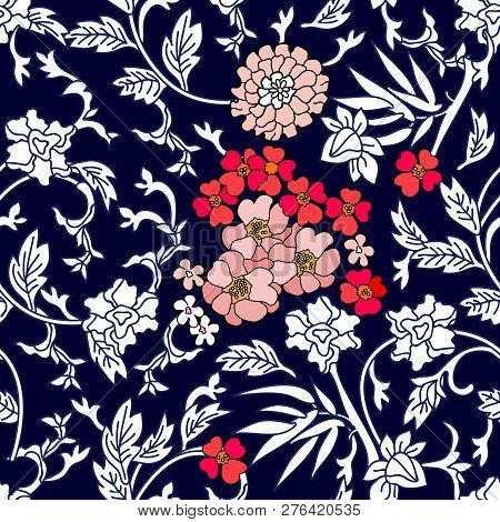 Seamless Floral Pattern With Botanical Elements. Oriental Textile Collection.