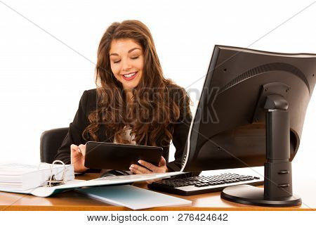 Beautiful Young Brunette Business Woman Surt Internet On Her Tablet In Office