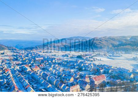 Croatia, Delnice, Gorski Kotar, Panoramic View Of Town Center From Drone In Winter, Mountain Landsca