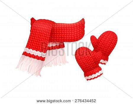 Woolen Mittens And Knitted Scarf With White Threads Isolated Vector. Winter Neckcloth And Gloves Mad