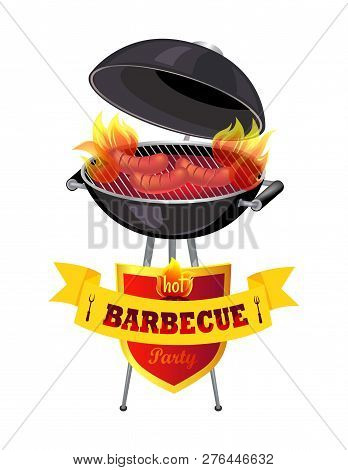 Hot Barbecue Party And Grille Grid Vector. Isolated Icons Gridiron With Roasted Sausages And Frying 