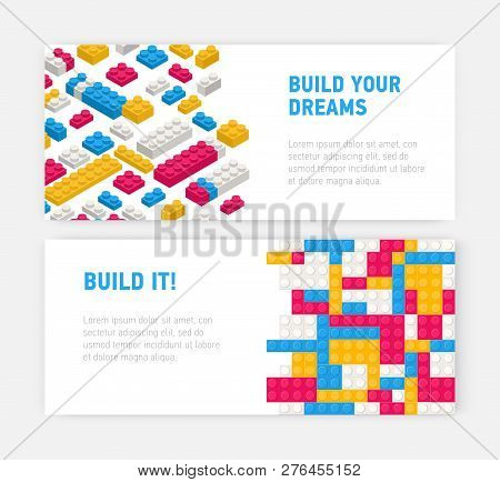 Bundle Of Web Banner Templates With Plastic Construction Details, Interlocking Toy Bricks, Building 