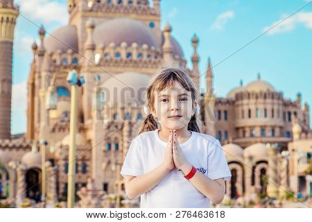 Big Beautiful Mosque Sharm El-sheikh. The Child Is Praying. Selective Focus