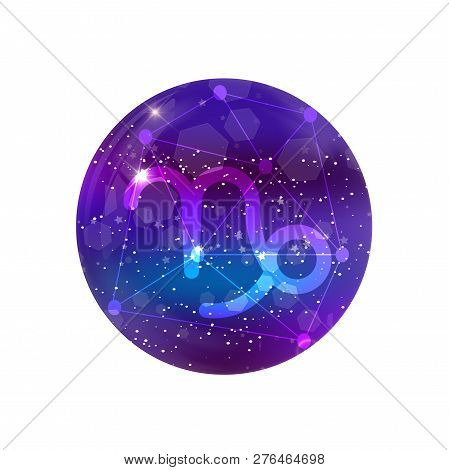 Capricorn Zodiac Sign And Constellation On A Cosmic Purple Sky With Glowing Stars And Nebula Isolate