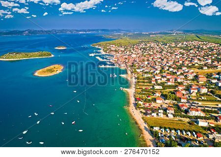 Adriatic Town Of Pakostane Waterfront Aerial View, Dalmatia Region Of Croatia