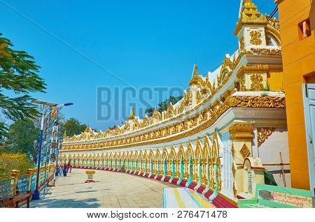 Sagaing, Myanmar - February 21, 2018: Walk The Alley At The Crescent Colonnade Of U Min Thonze Templ