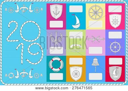 Sample Of Calendar, Banner With Nautical Ship Symbols. Vector Cartoon Color Illustration.