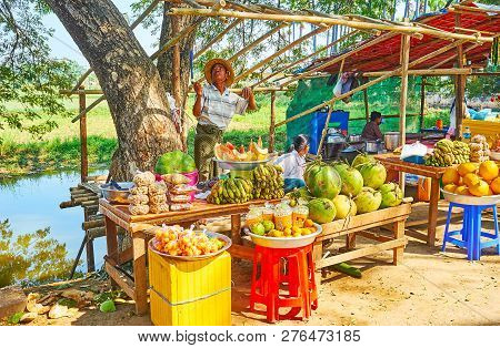 Ava, Myanmar - February 21, 2018: The Fruit Stall Next To Bagaya Monastery With Refreshing Watermelo