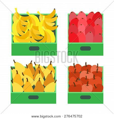 Banana Fruit Tropical Food Ripe Apples Set Vector. Pears And Beetroots In Containers Ready For Trans