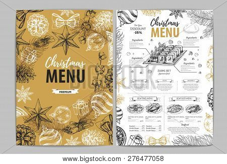 Hand Drawing Christmas Holiday Menu Design. Restaurant Menu