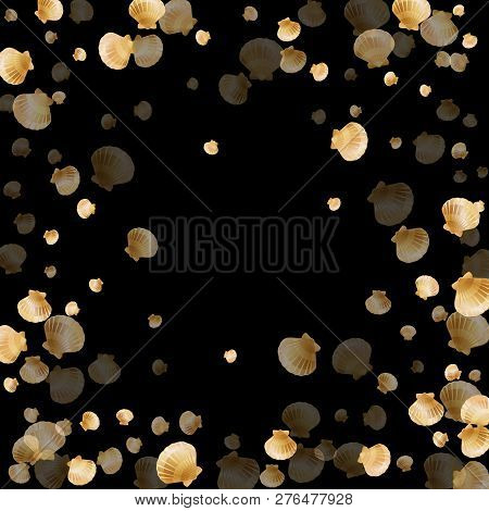 Gold Seashells Vector, Golden Pearl Bivalved Mollusks. Aquatic Scallop, Bivalve Pearl Shell, Marine 