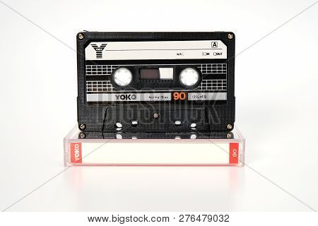 Prague, Czech Republic - November 29, 2018: Audio Compact Cassette Yoko 90. Audio Cassette On A Whit