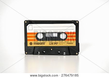 Prague, Czech Republic - November 29, 2018: Audio Compact Cassette Maxim Ln 90. Audio Cassette On A 