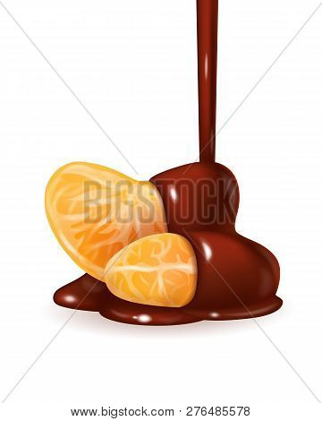 Tangerine Slices In Pouring Melted Chocolate Glaze. Mandarin Peeled Segments Covered With Liquid Dar