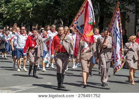 Prague, Czech Republic - July 1, 2018: People Parading At Sokolsky Slet, A Once-every-six-years Gath