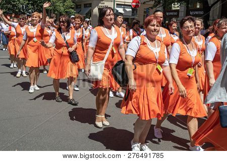 Prague, Czech Republic - July 1, 2018: Women Parading At Sokolsky Slet, A Once-every-six-years Gathe
