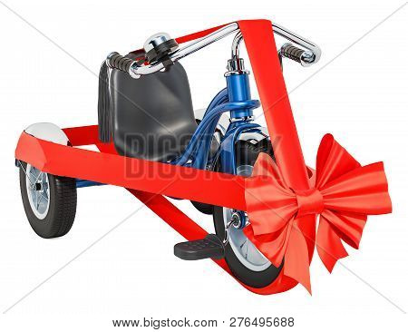 Children's Tricycle With Bow And Ribbon, Gift Concept. 3D Rendering