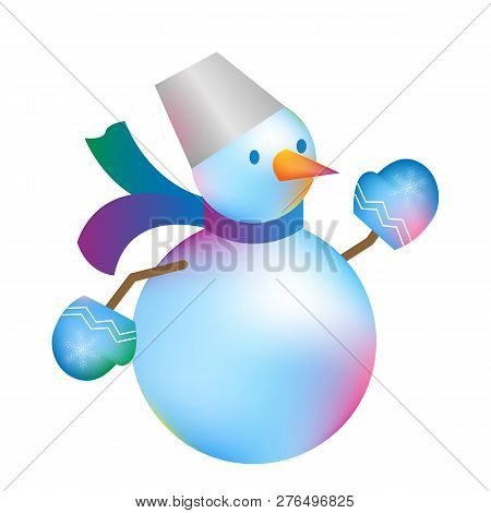 Christmas Snowman Isolated On White Blue Background. Winter  New Year Holiday Snowman. Cheerful Chri