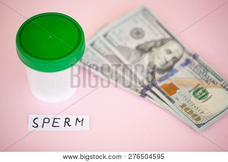 Health. Sperm Analysis. Concept Of Bank Sperm. Infertility Bank With Sperm On Rosy Phoenix With Mone