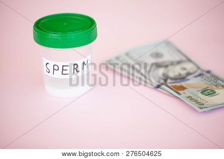 Health. Sperm Analysis. Concept Of Bank Sperm. Infertility Bank With Sperm On Rosy Phoenix With Mone