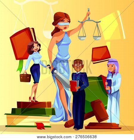 Court And Legislation Illustration Of Cartoon Law People And Symbols. Themis Lady With Justice Scale