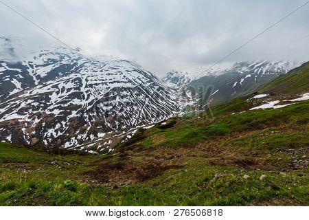 Spring Cloudy Overcast Mountain Landscape (oberalp Pass, Switzerland)