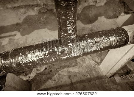 Basement Apartment House. Water Supply Pipe. Completed Repair Tee. Picture Taken In Ukraine. Kiev Re