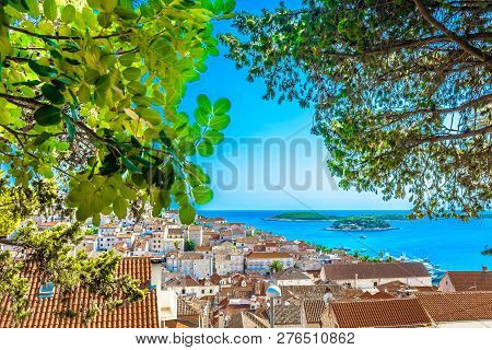Aerial View At Summer Landscape In Hvar Town, Famous Luxury Croatian Travel Places.